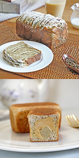 上边：焙制茶ratebureddo，下边：红茶和梨的奶油面包